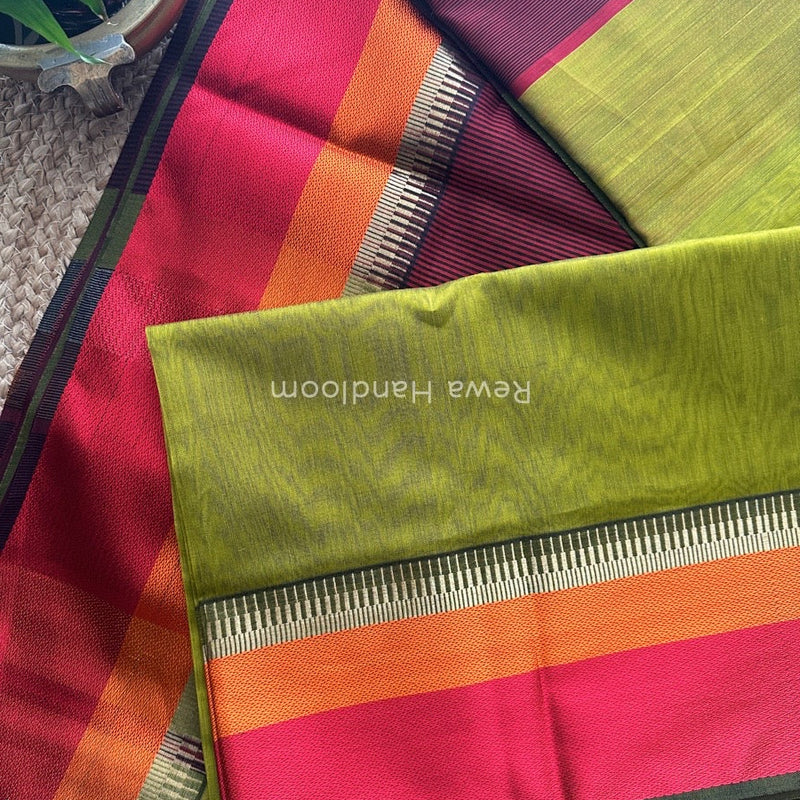 Maheshwari Mehendi Green Multicolor Border Saree  MB00504