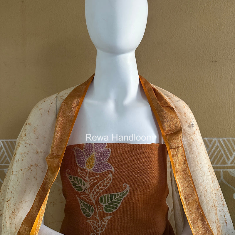 Maheshwari Golden Yellow Batik Tissue Printed Dress Material BTP156