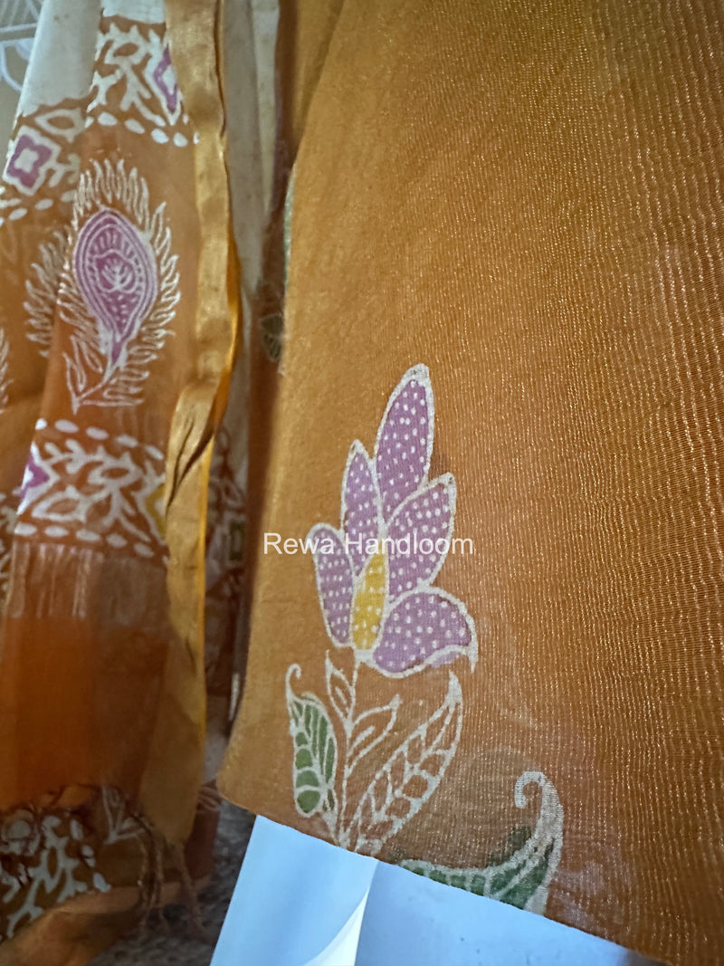 Maheshwari Golden Yellow Batik Tissue Printed Dress Material BTP156