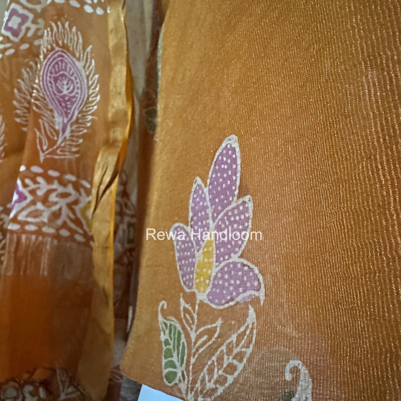 Maheshwari Golden Yellow Batik Tissue Printed Dress Material BTP156