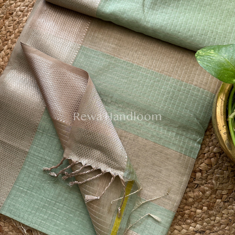 Maheshwari Pista-Green ~ Silver Zari Checks Silk Saree-SZ011