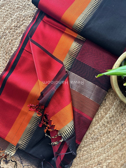 Maheshwari Black Multicolor Border Saree MBOO502
