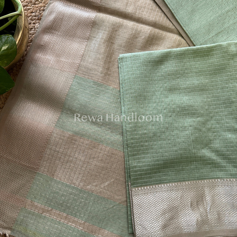 Maheshwari Pista-Green ~ Silver Zari Checks Silk Saree-SZ011
