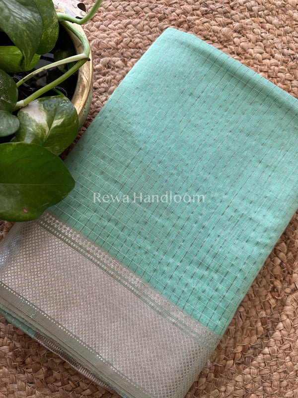 Maheshwari Green Silver Zari Checks Silk Saree SZ029