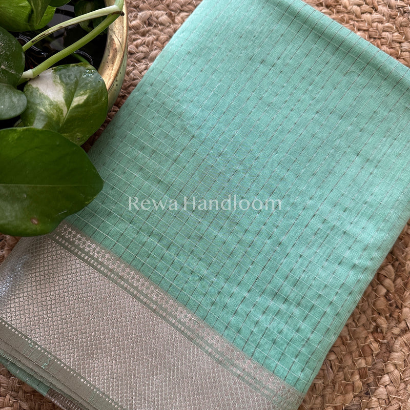 Maheshwari Green Silver Zari Checks Silk Saree SZ029