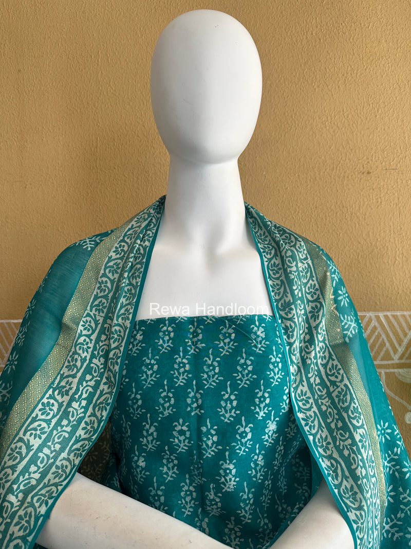 Sea Green Dabu Print Silk Top-Dupatta DPSD08