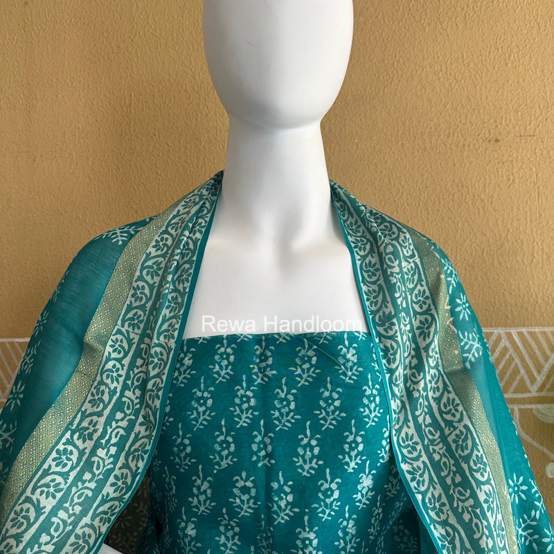 Sea Green Dabu Print Silk Top-Dupatta DPSD08