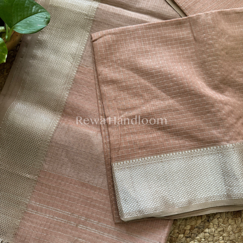 Maheshwari Light Peach ~ Silver Zari Checks Silk Saree-SZ028
