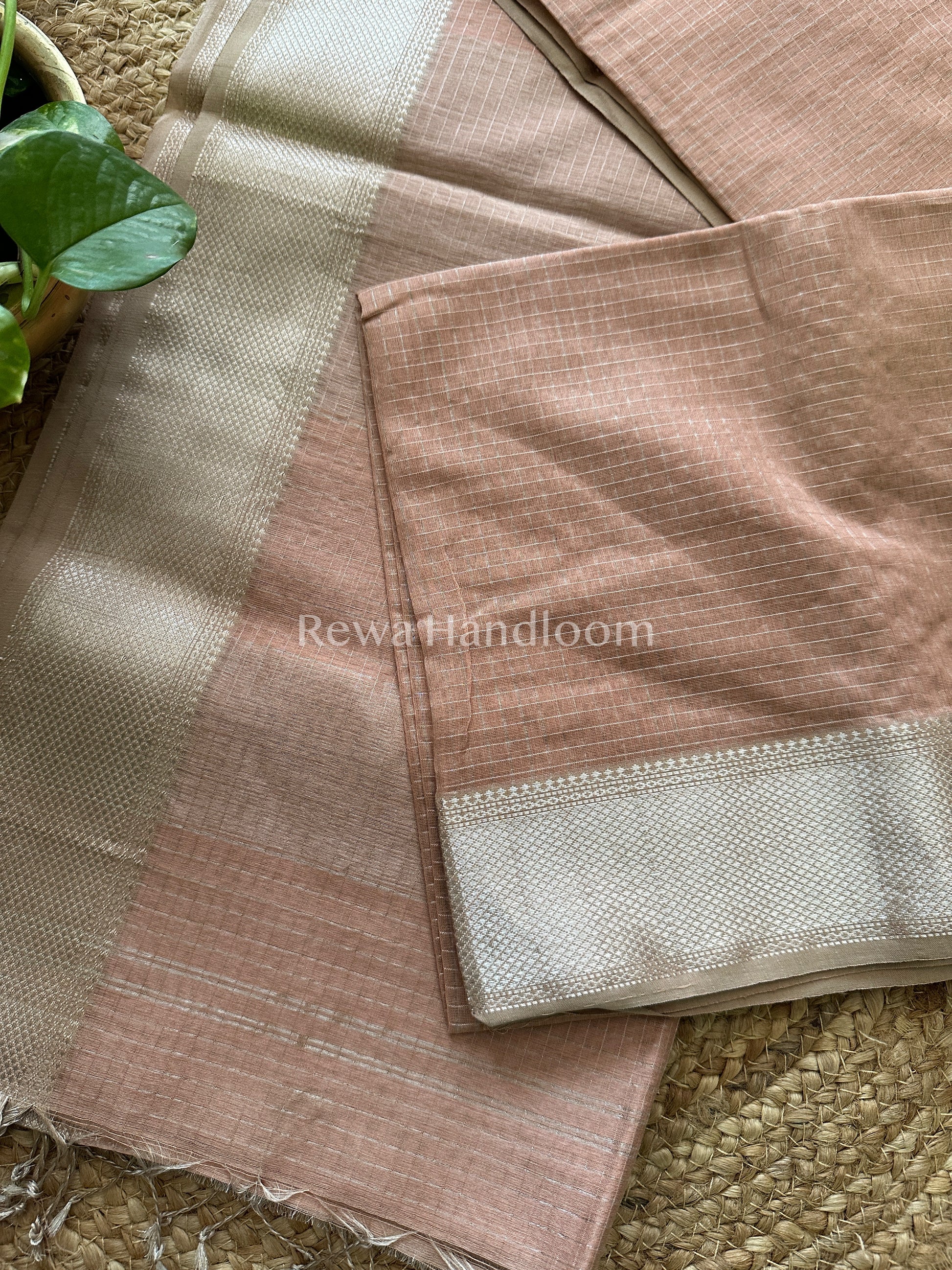 Maheshwari Light Peach ~ Silver Zari Checks Silk Saree-SZ028