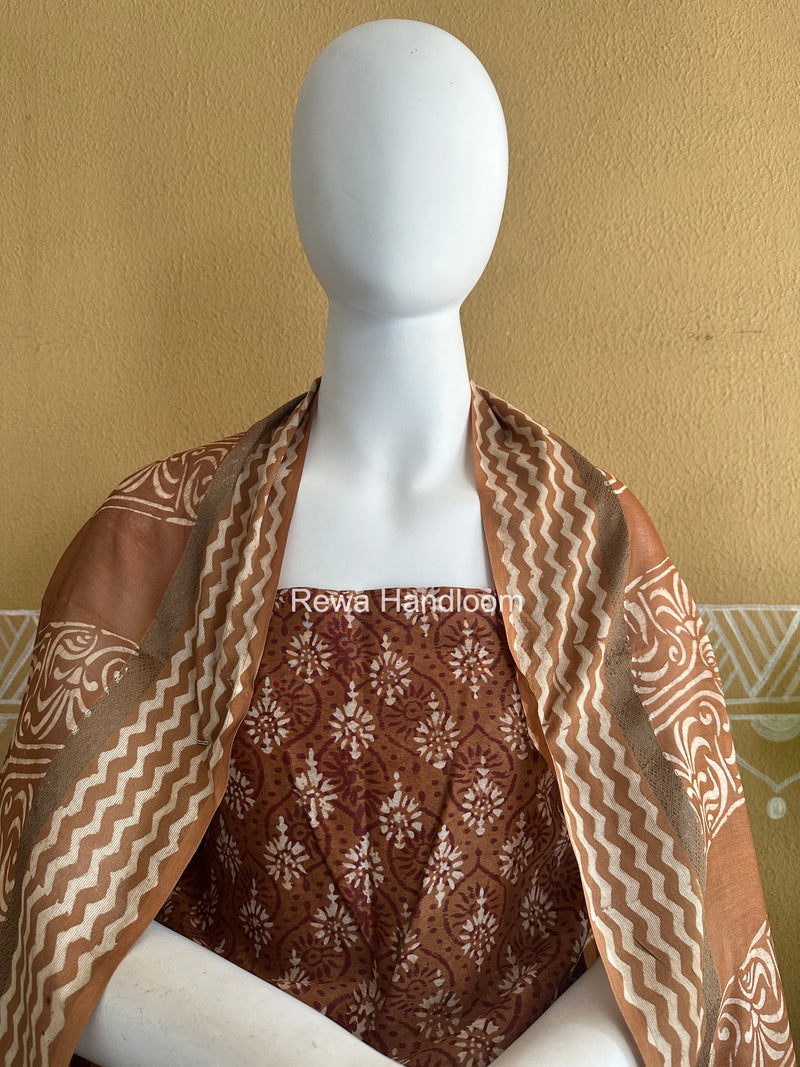 Dark Brown Dabu Print Silk Top-Dupatta DPSD011