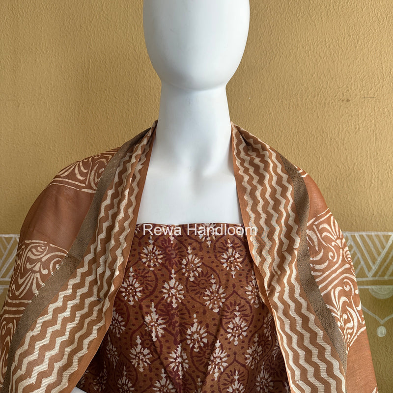 Dark Brown Dabu Print Silk Top-Dupatta DPSD011