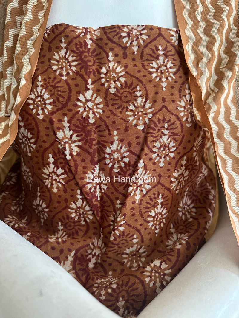 Dark Brown Dabu Print Silk Top-Dupatta DPSD011
