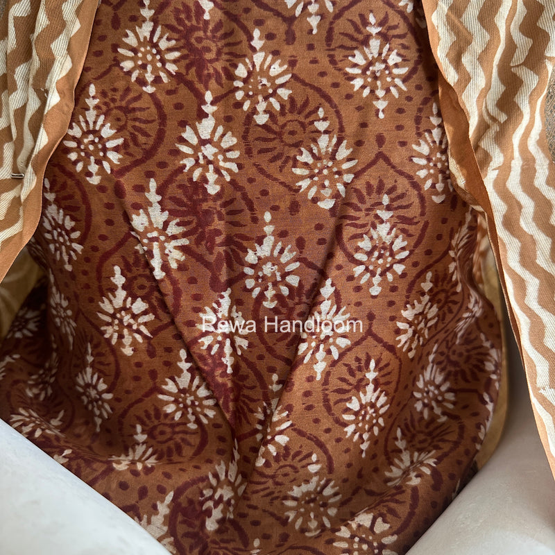 Dark Brown Dabu Print Silk Top-Dupatta DPSD011