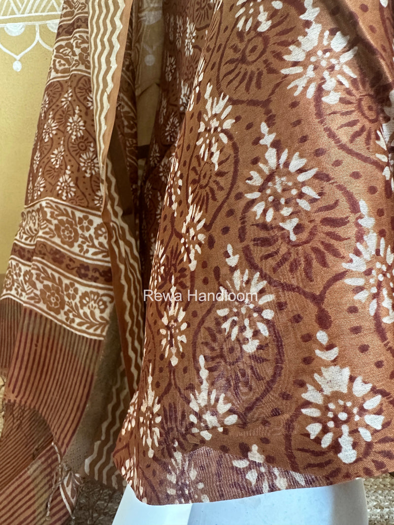 Dark Brown Dabu Print Silk Top-Dupatta DPSD011