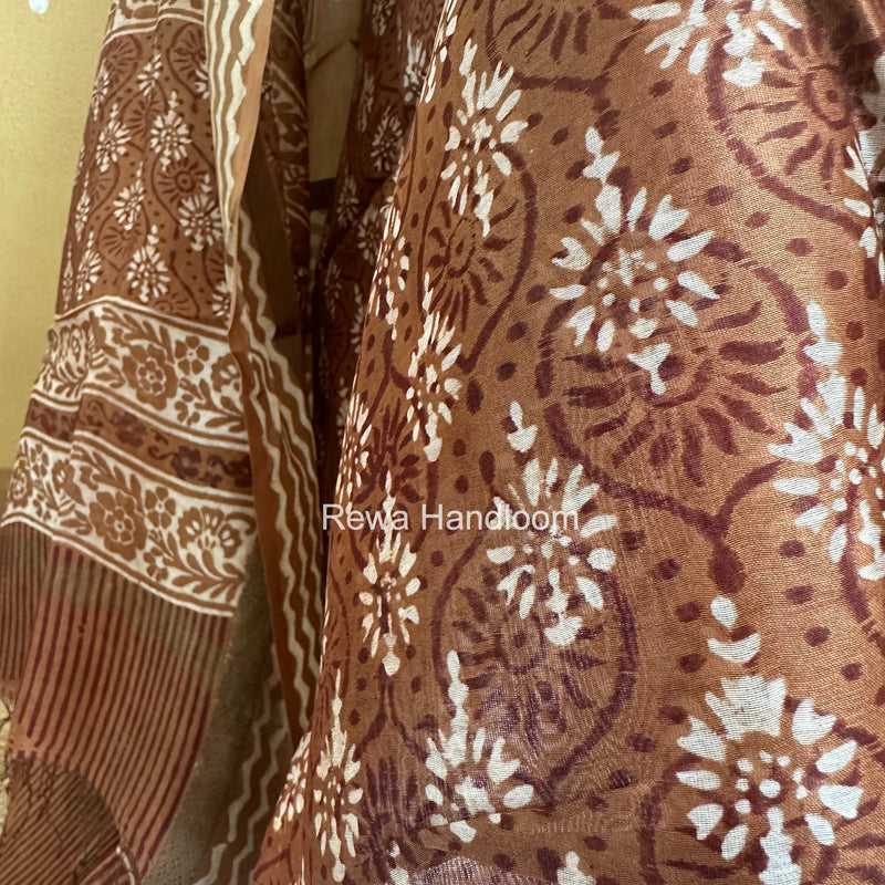 Dark Brown Dabu Print Silk Top-Dupatta DPSD011