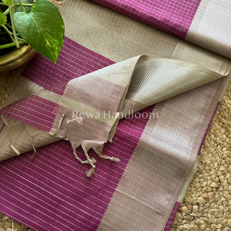 Maheshwari Magenta Blue ~ Silver Zari Checks Silk Saree-SZ026