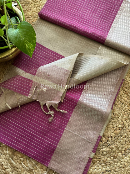 Maheshwari Magenta Blue ~ Silver Zari Checks Silk Saree-SZ026