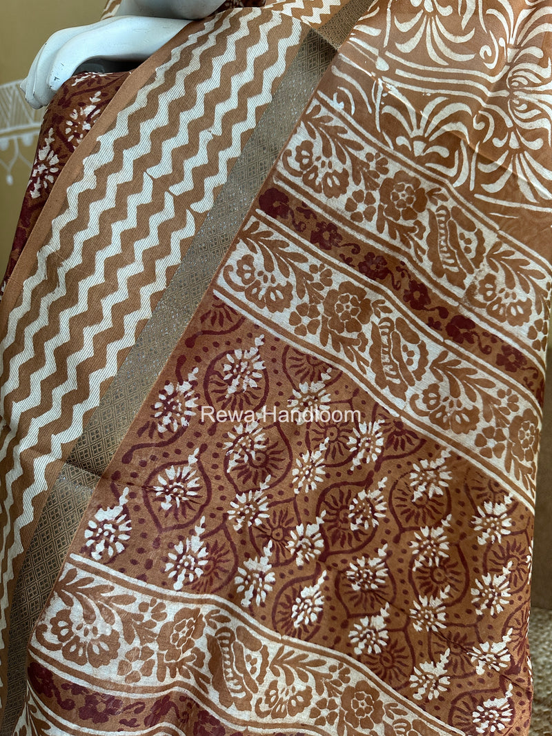 Dark Brown Dabu Print Silk Top-Dupatta DPSD011