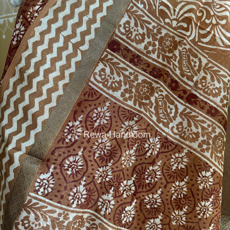 Dark Brown Dabu Print Silk Top-Dupatta DPSD011
