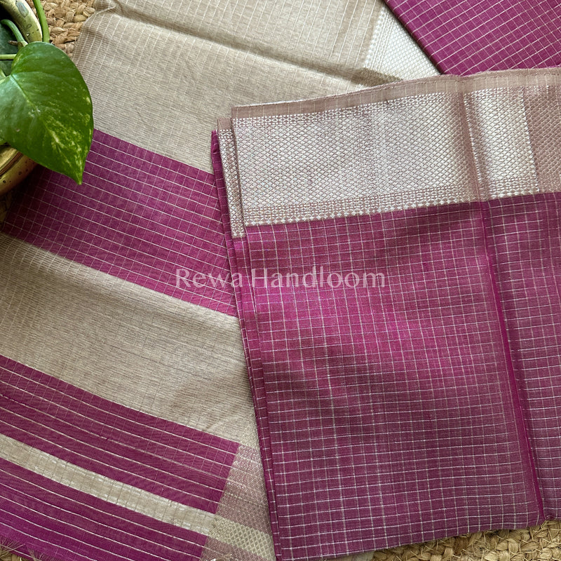 Maheshwari Magenta Blue ~ Silver Zari Checks Silk Saree-SZ026