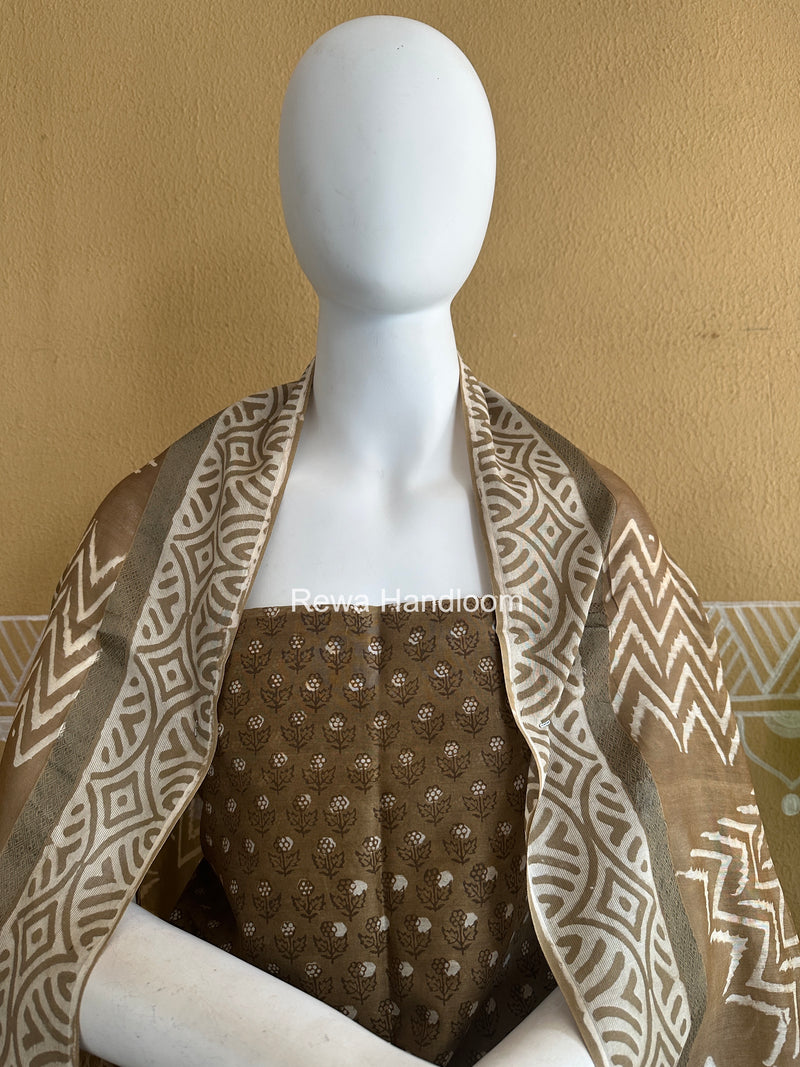 Olive Green Dabu Print Silk Top-Dupatta DPSD06