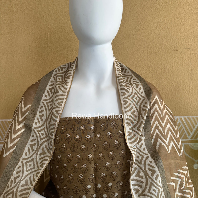 Olive Green Dabu Print Silk Top-Dupatta DPSD06