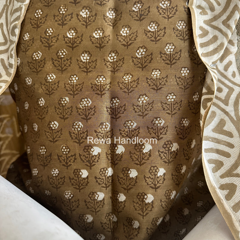 Olive Green Dabu Print Silk Top-Dupatta DPSD06