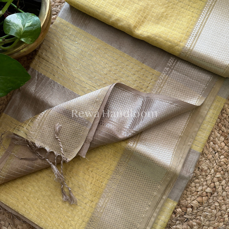 Maheshwari Yellow ~ Silver Zari Checks Silk Saree-SZ014