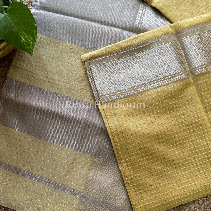 Maheshwari Yellow ~ Silver Zari Checks Silk Saree-SZ014