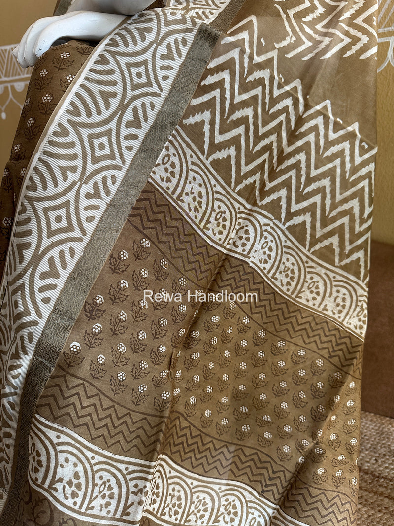 Olive Green Dabu Print Silk Top-Dupatta DPSD06