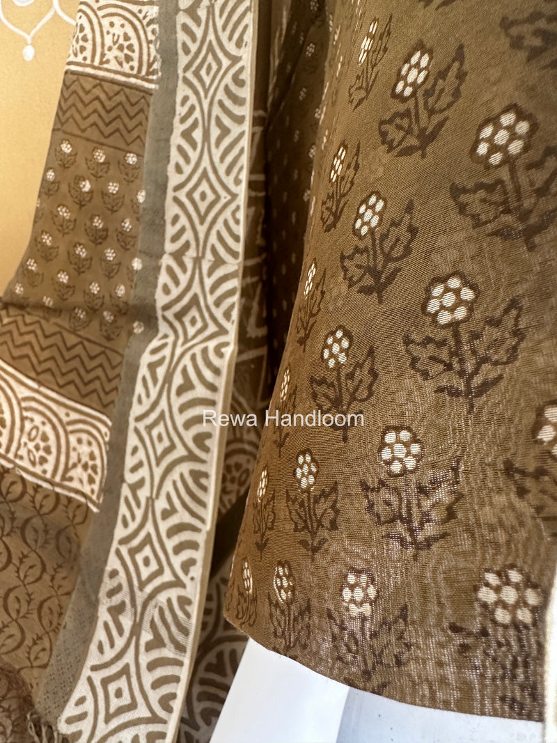 Olive Green Dabu Print Silk Top-Dupatta DPSD06