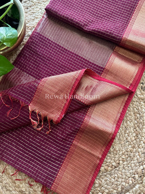 Maheshwari Dark Magenta Zari Checkered Sarees-ZCHX05