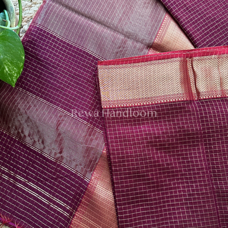 Maheshwari Dark Magenta Zari Checkered Sarees-ZCHX05