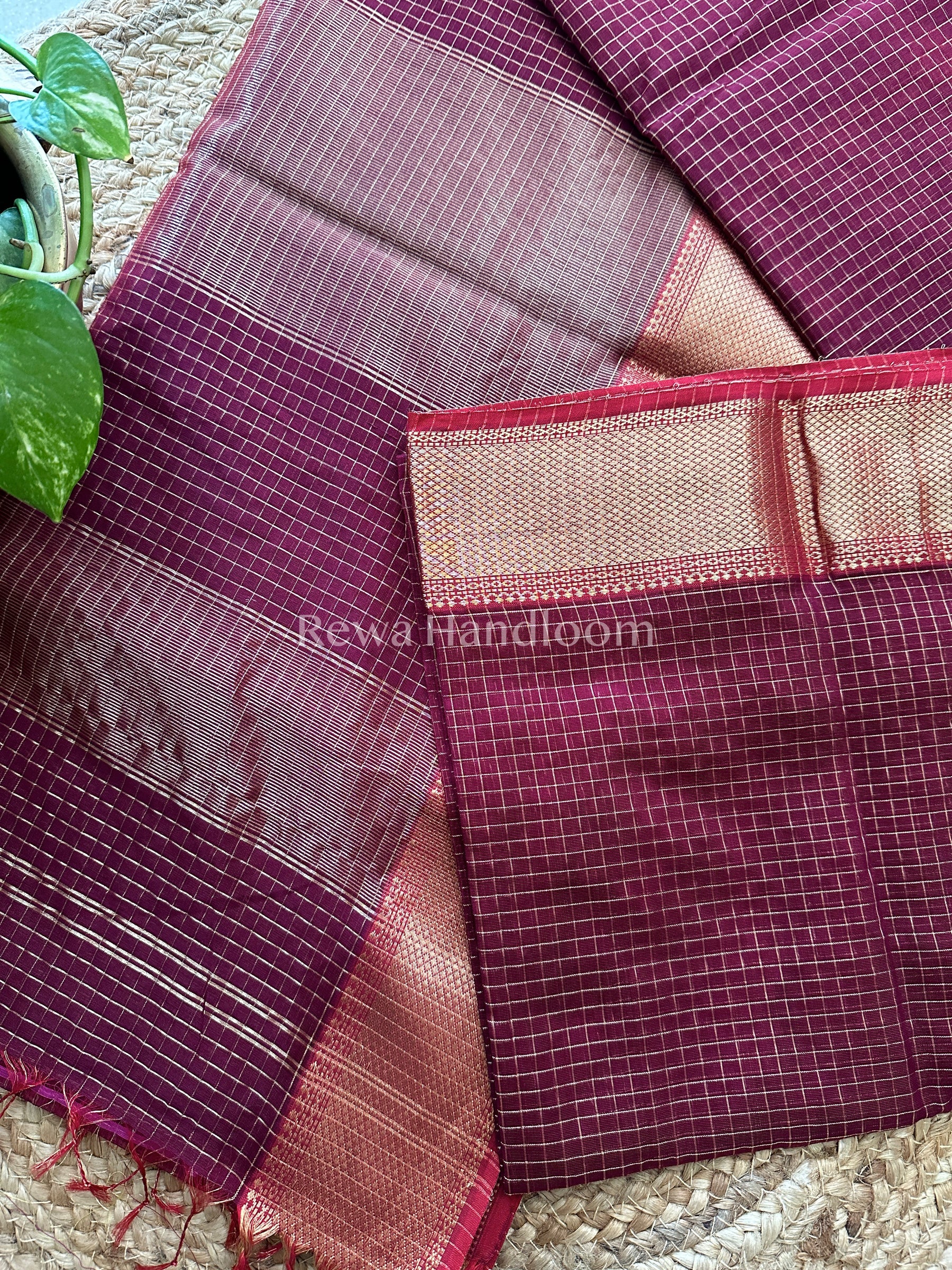 Maheshwari Dark Magenta Zari Checkered Sarees-ZCHX05