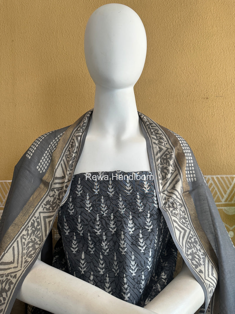 Grey Dabu Print Silk Top-Dupatta DPSD04