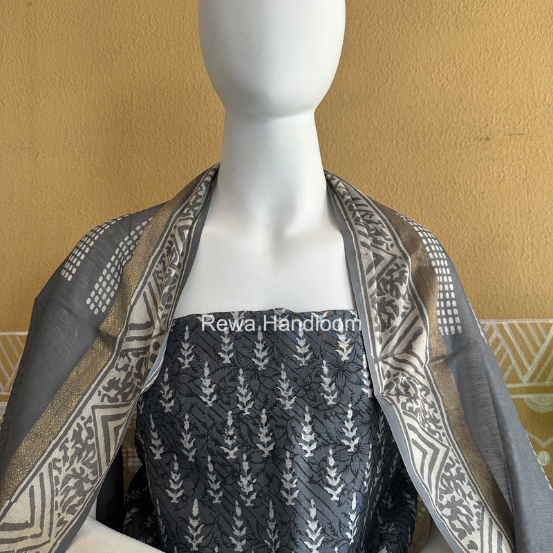 Grey Dabu Print Silk Top-Dupatta DPSD04