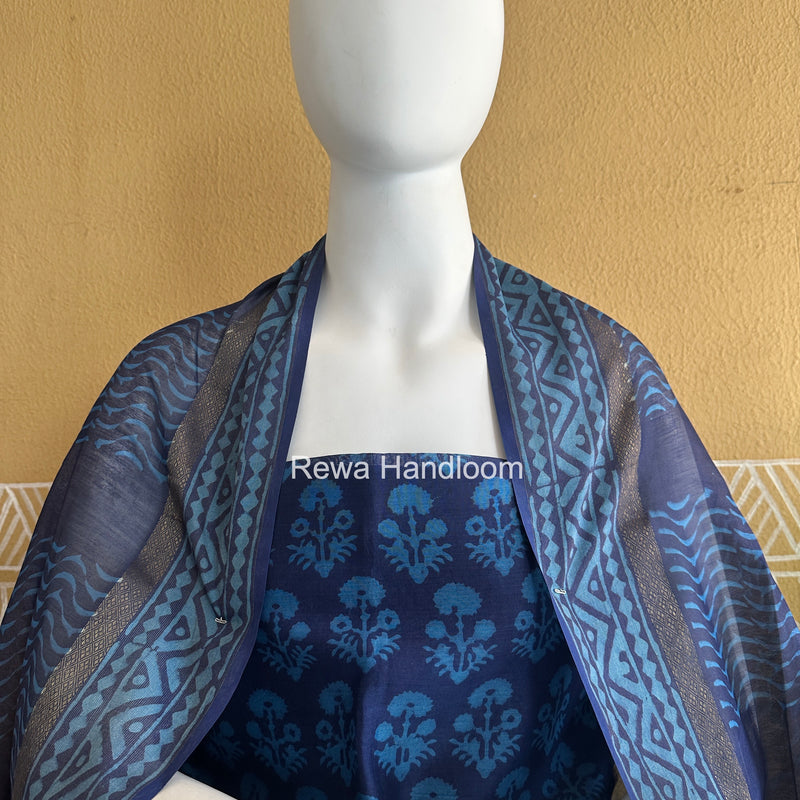 Blue Dabu Print Silk Top-Dupatta DPSD010