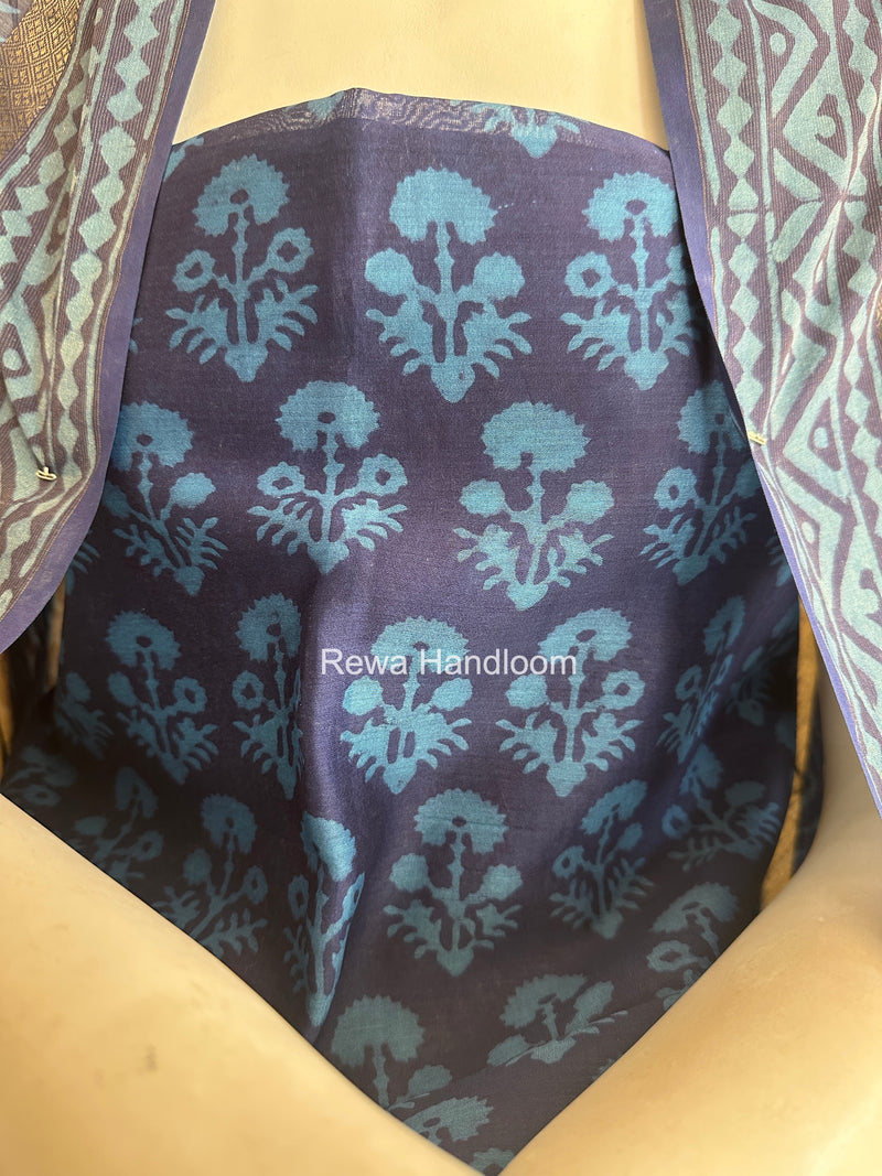 Blue Dabu Print Silk Top-Dupatta DPSD010