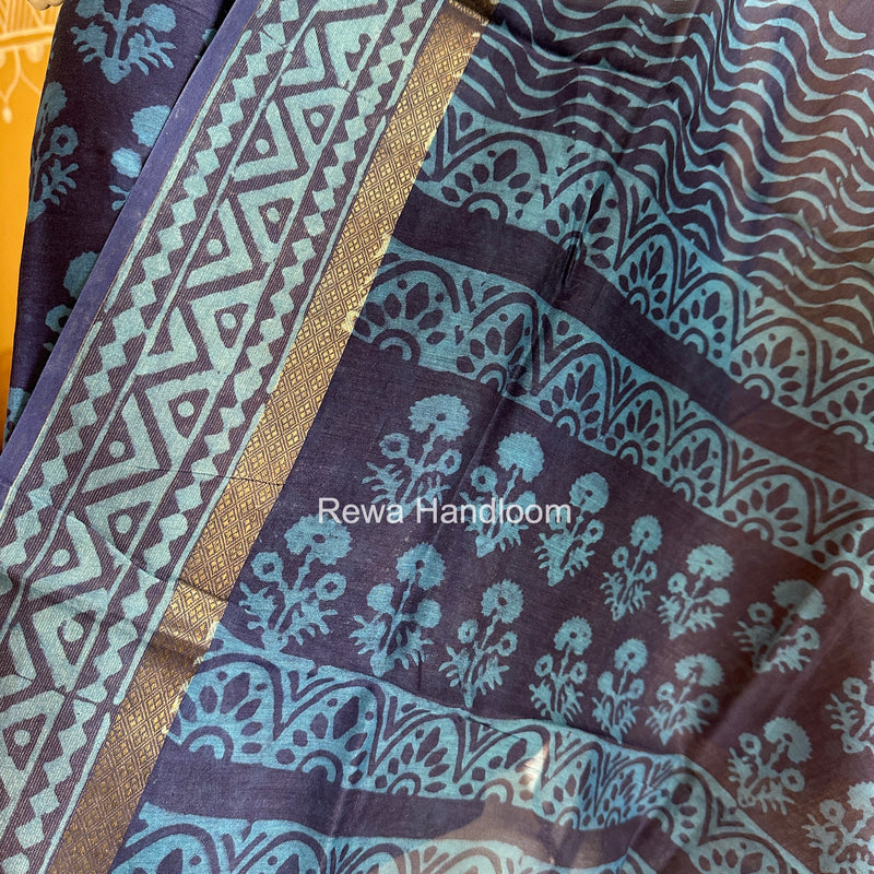 Blue Dabu Print Silk Top-Dupatta DPSD010