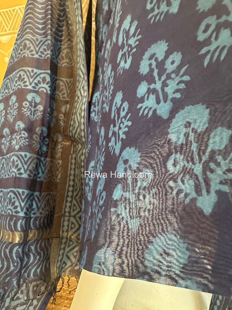 Blue Dabu Print Silk Top-Dupatta DPSD010