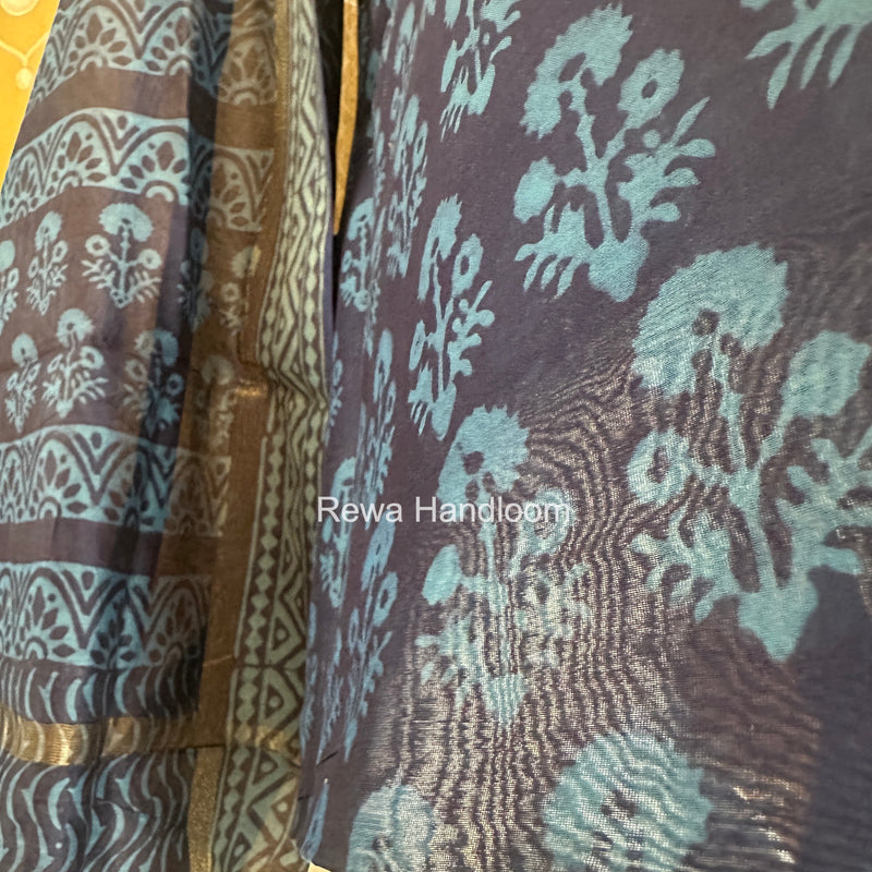 Blue Dabu Print Silk Top-Dupatta DPSD010
