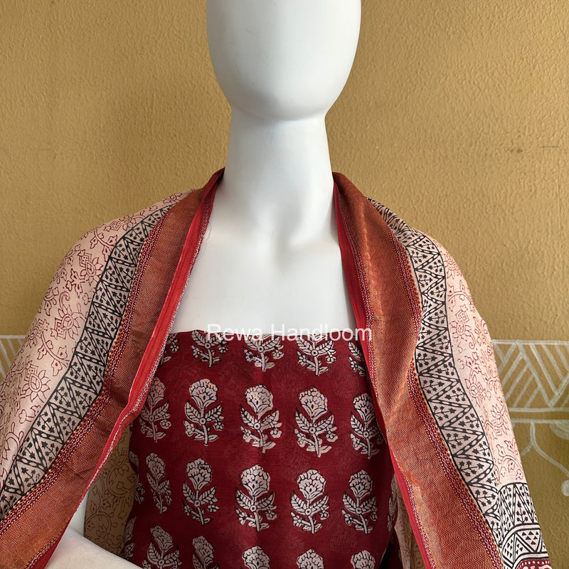 Maheshwari Maroon Bagh Print Top-Dupatta Set BTD010