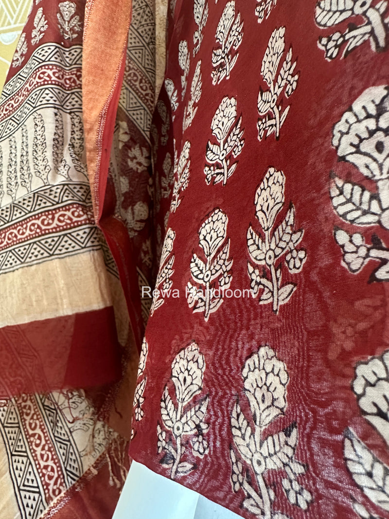 Maheshwari Maroon Bagh Print Top-Dupatta Set BTD010