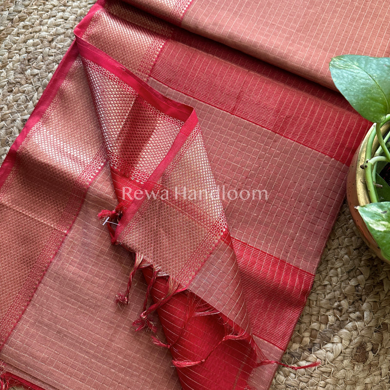 Maheshwari Peach Pink ~ Silver Zari Checks Silk Saree-SZ03