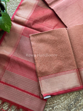 Maheshwari Peach Pink ~ Silver Zari Checks Silk Saree-SZ03