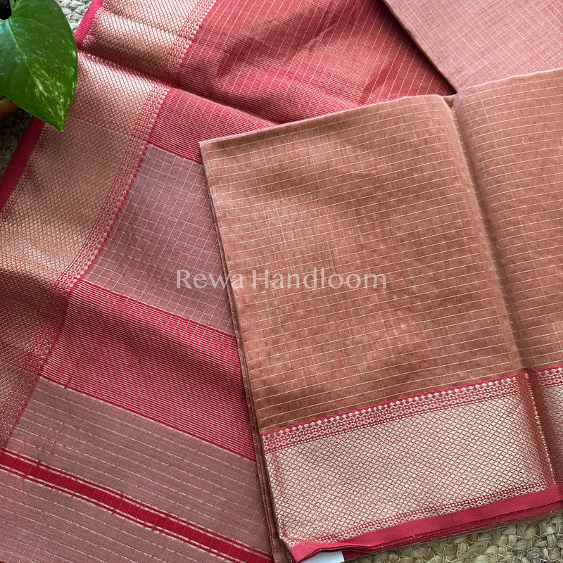 Maheshwari Peach Zari Checkered Sarees-ZCHX09