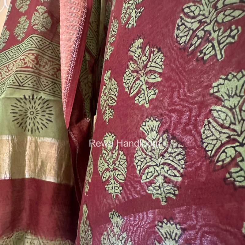 Maheshwari Maroon Bagh Print Top-Dupatta Set BTD08