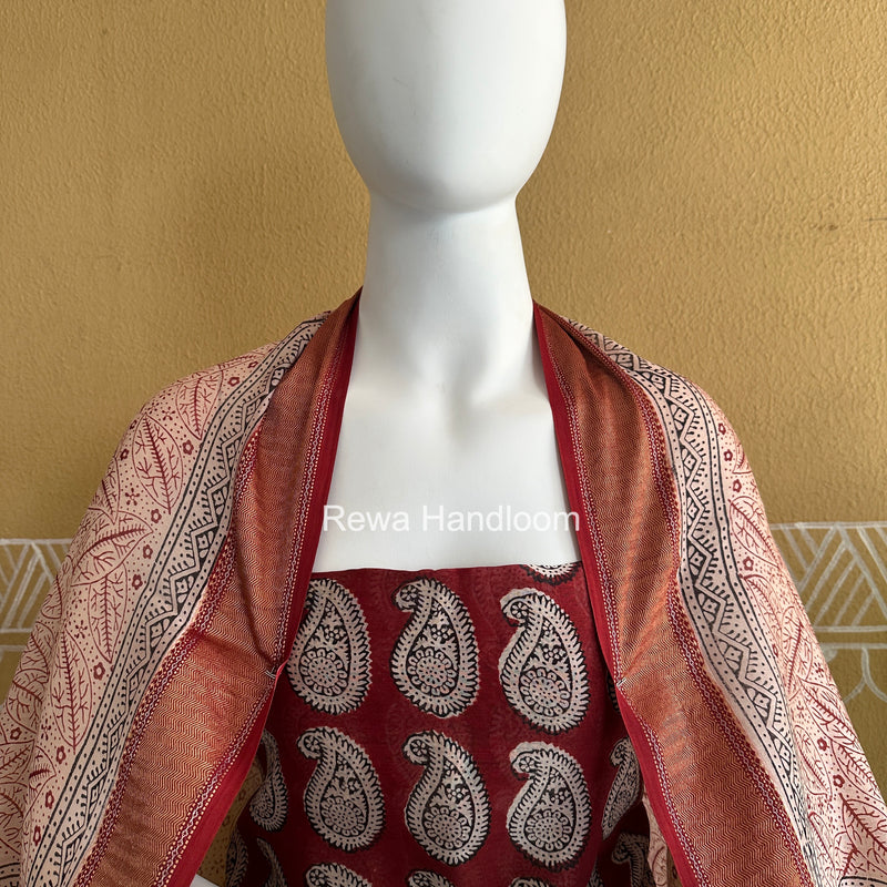 Maheshwari Maroon Bagh Print Top-Dupatta Set BTD035