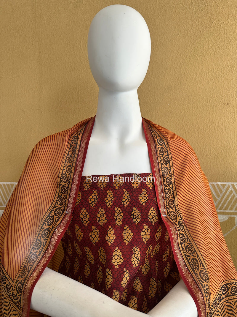 Maheshwari Maroon Bagh Print Top-Dupatta Set BTD037