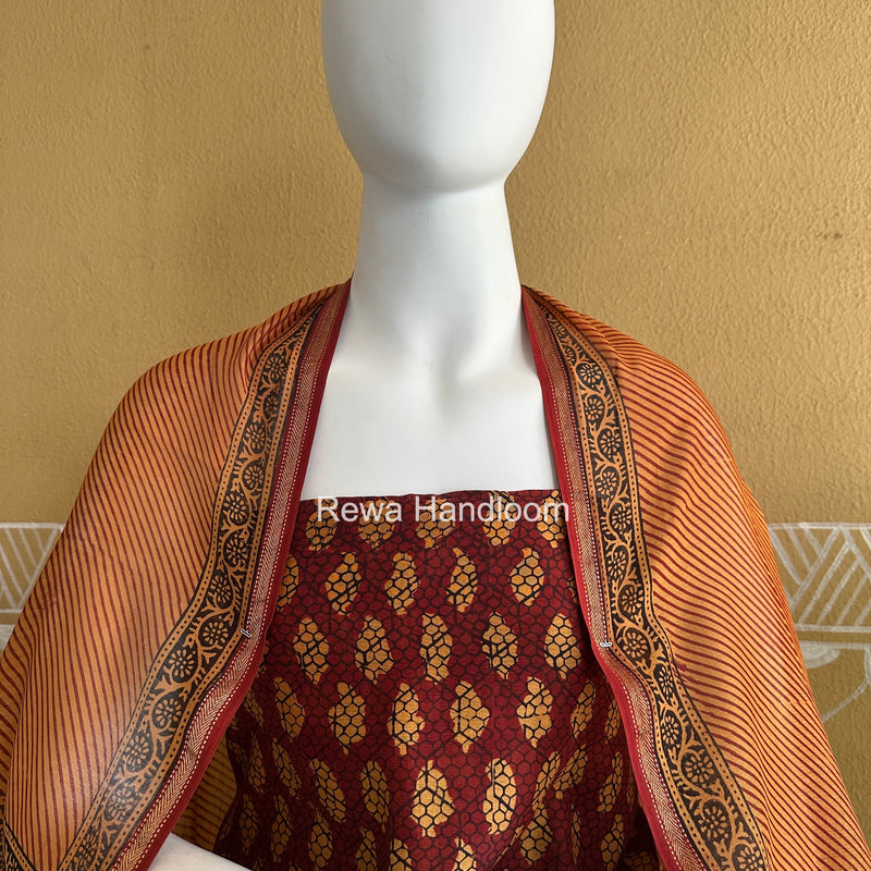 Maheshwari Maroon Bagh Print Top-Dupatta Set BTD037